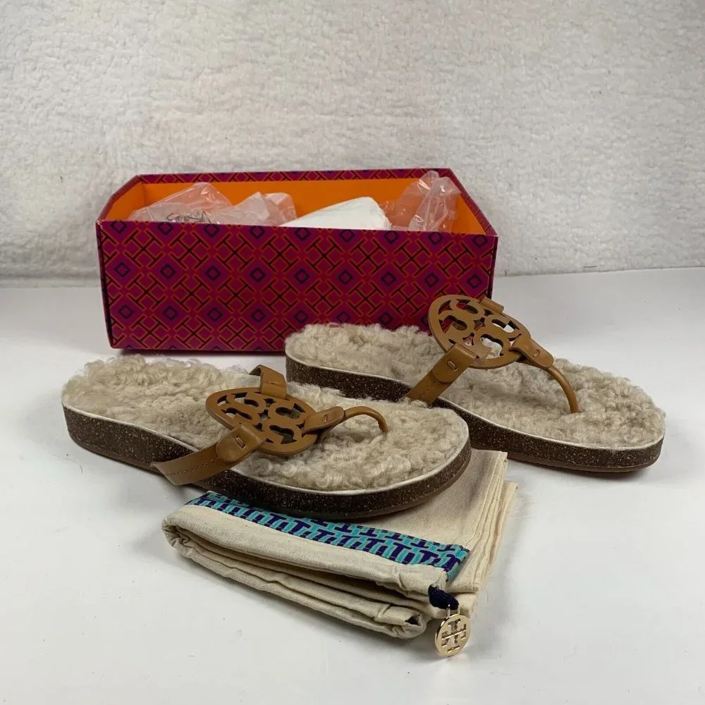 Tory Burch Miller‎ Cloud Shearling Women's Leather Sandal Size 9.5 Tan NIB S0404
